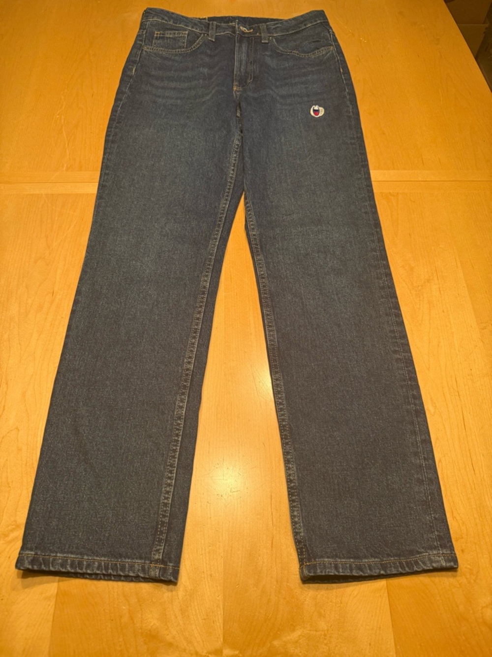 True Religion Vintage High-Waist Straight Jeans in Blue with Gold Stitching